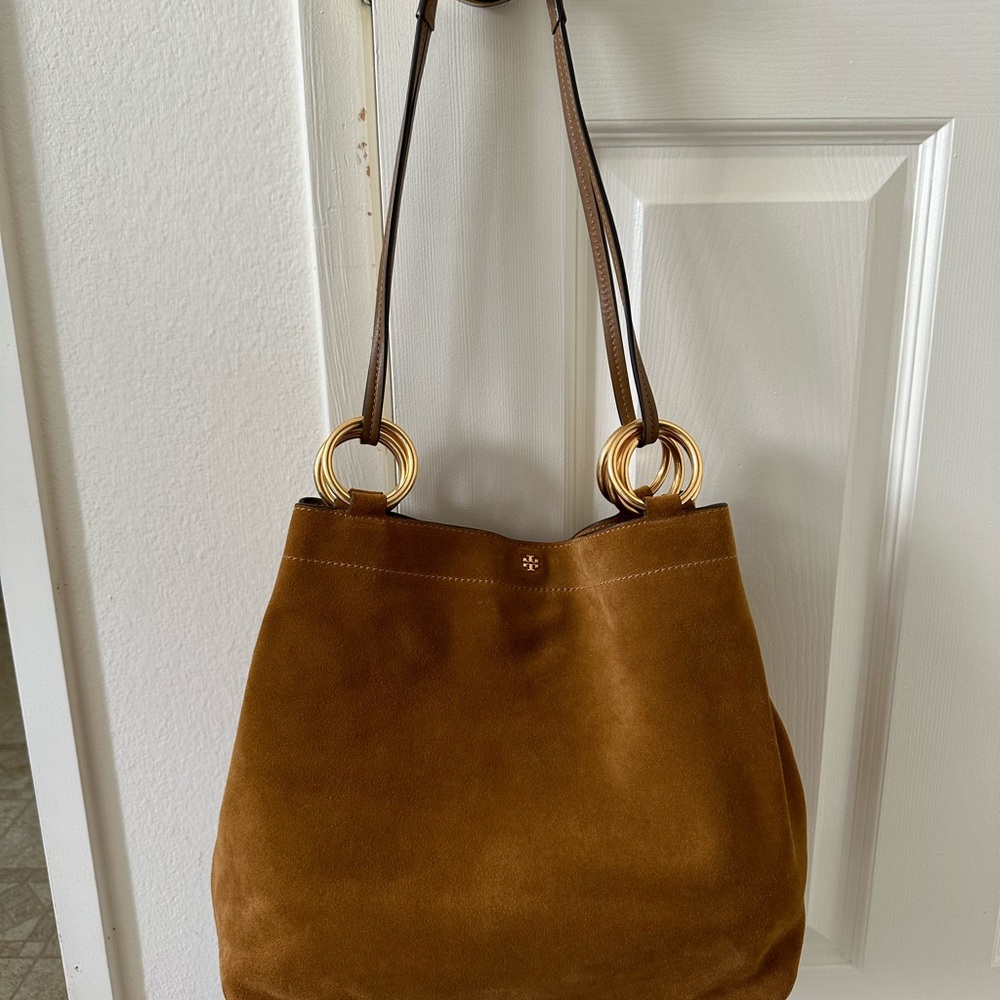 Tory Burch Farrah Tote Soft Suede Leather Brown Gold Slouchy Hobo